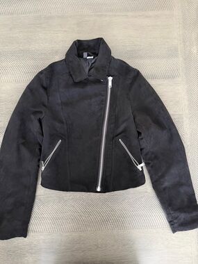 Black Suede Asymmetrical Zip Cropped Jacket